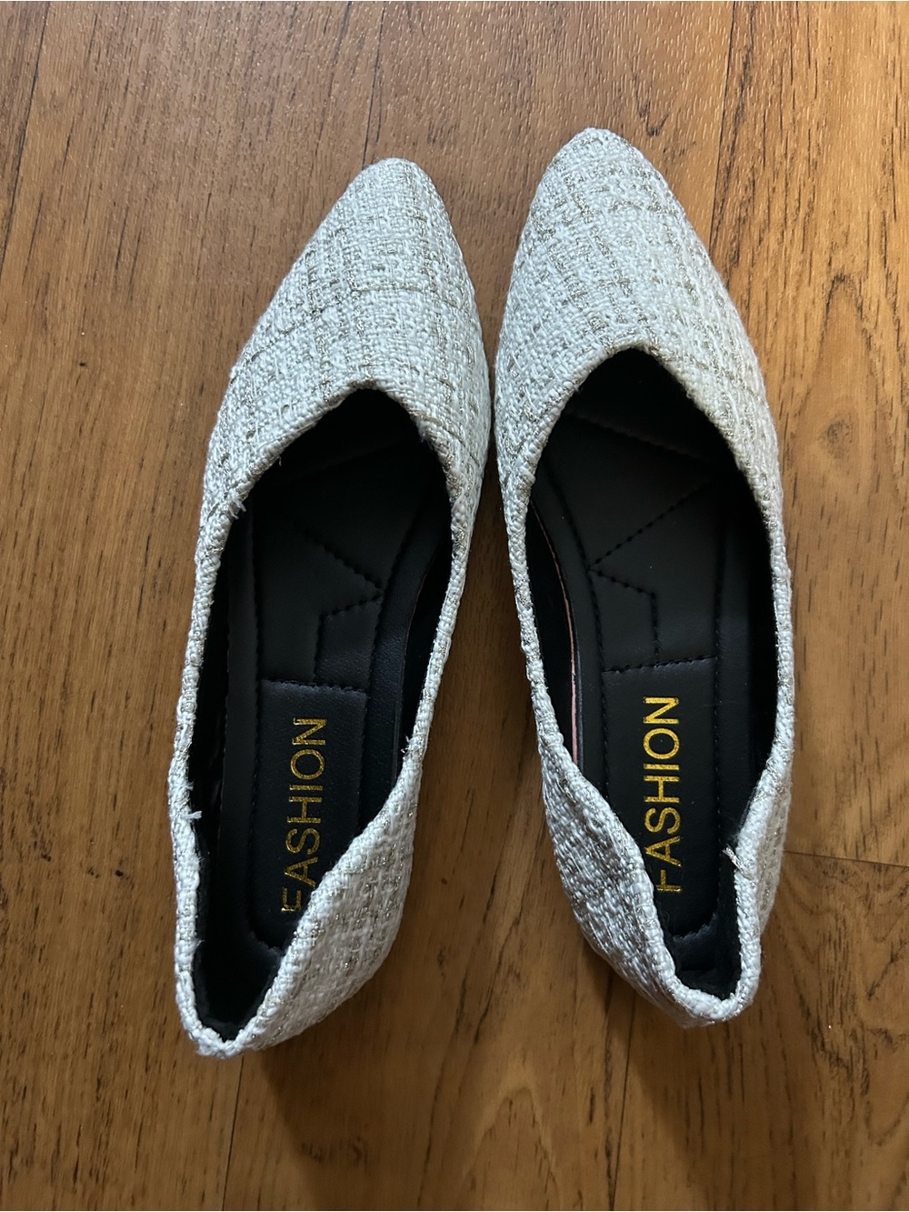 Textured Beige Pointed-Toe Women's Flats - Picture 2 of 3